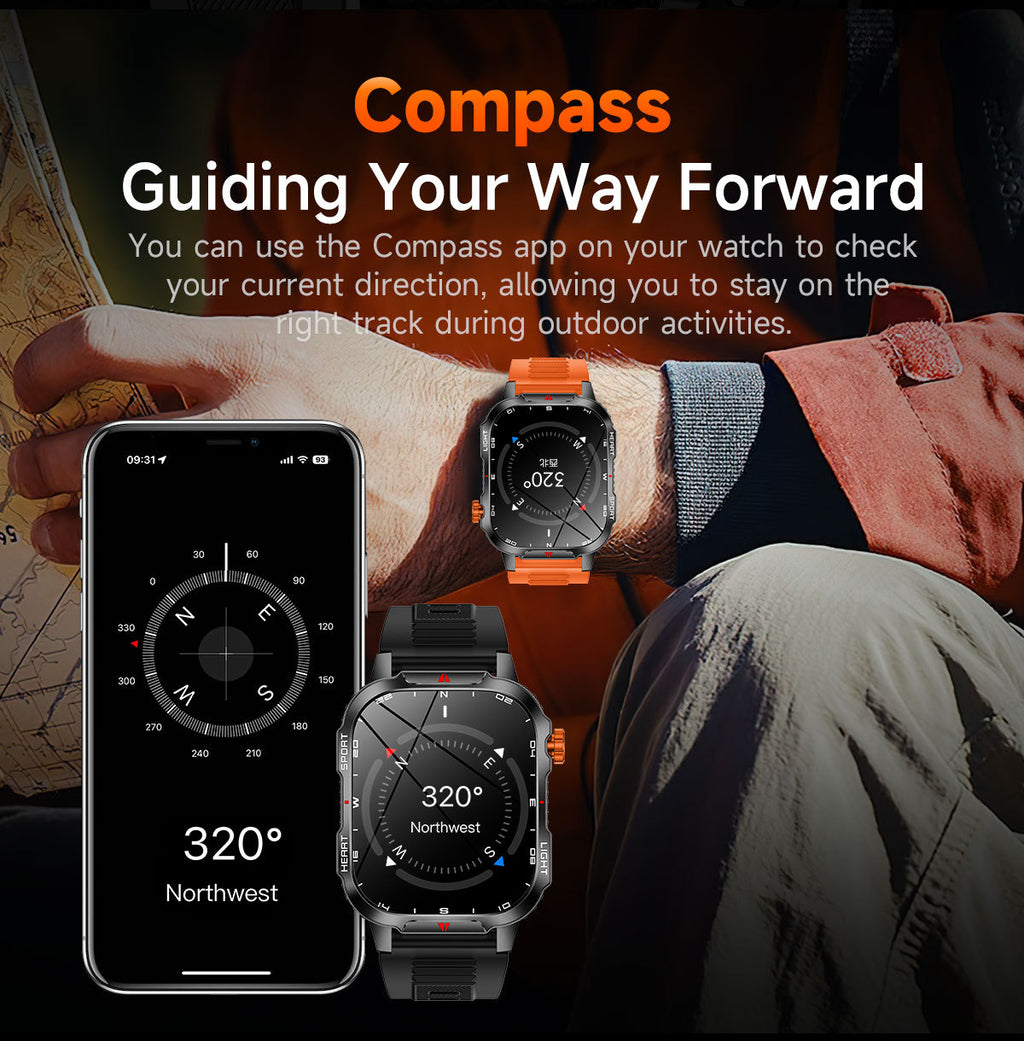 Rugged Outdoor Smart Watch for Men - 1100mAh Extra Long Battery with LED Flashlight & Compass - 2.01" HD Screen Bluetooth Calling IP68 Waterproof Fitness Tracker - Black