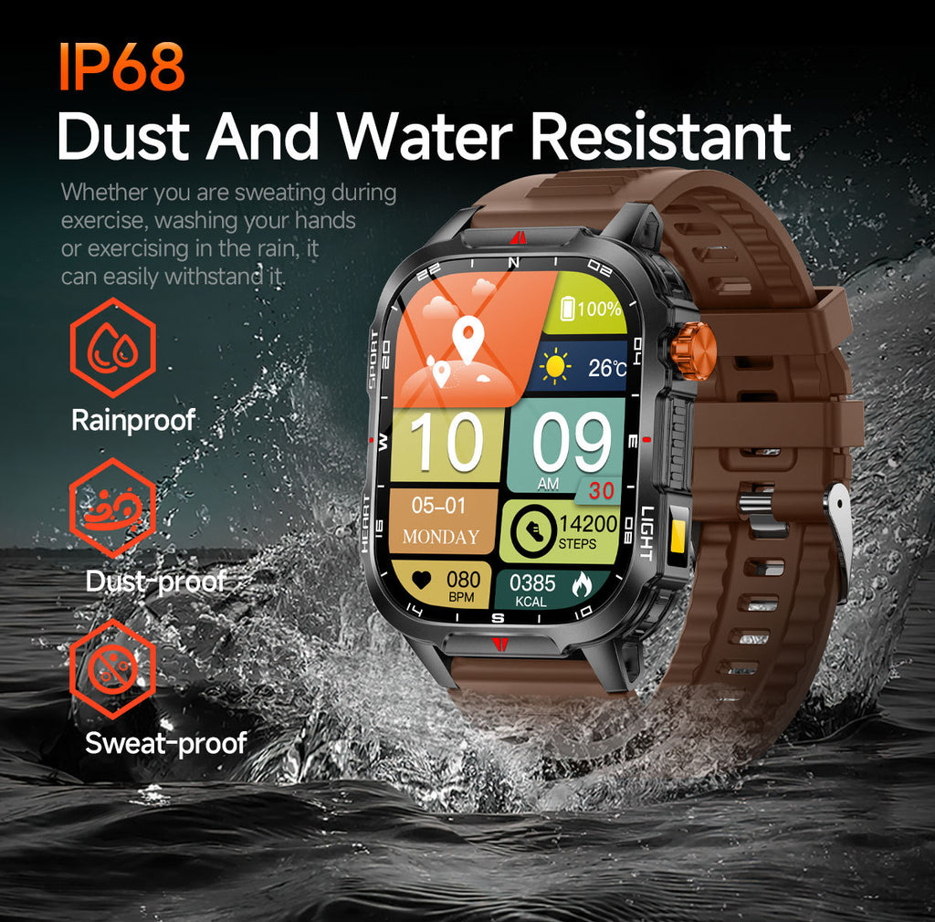 Rugged Outdoor Smart Watch for Men - 1100mAh Extra Long Battery with LED Flashlight & Compass - 2.01" HD Screen Bluetooth Calling IP68 Waterproof Fitness Tracker - Black