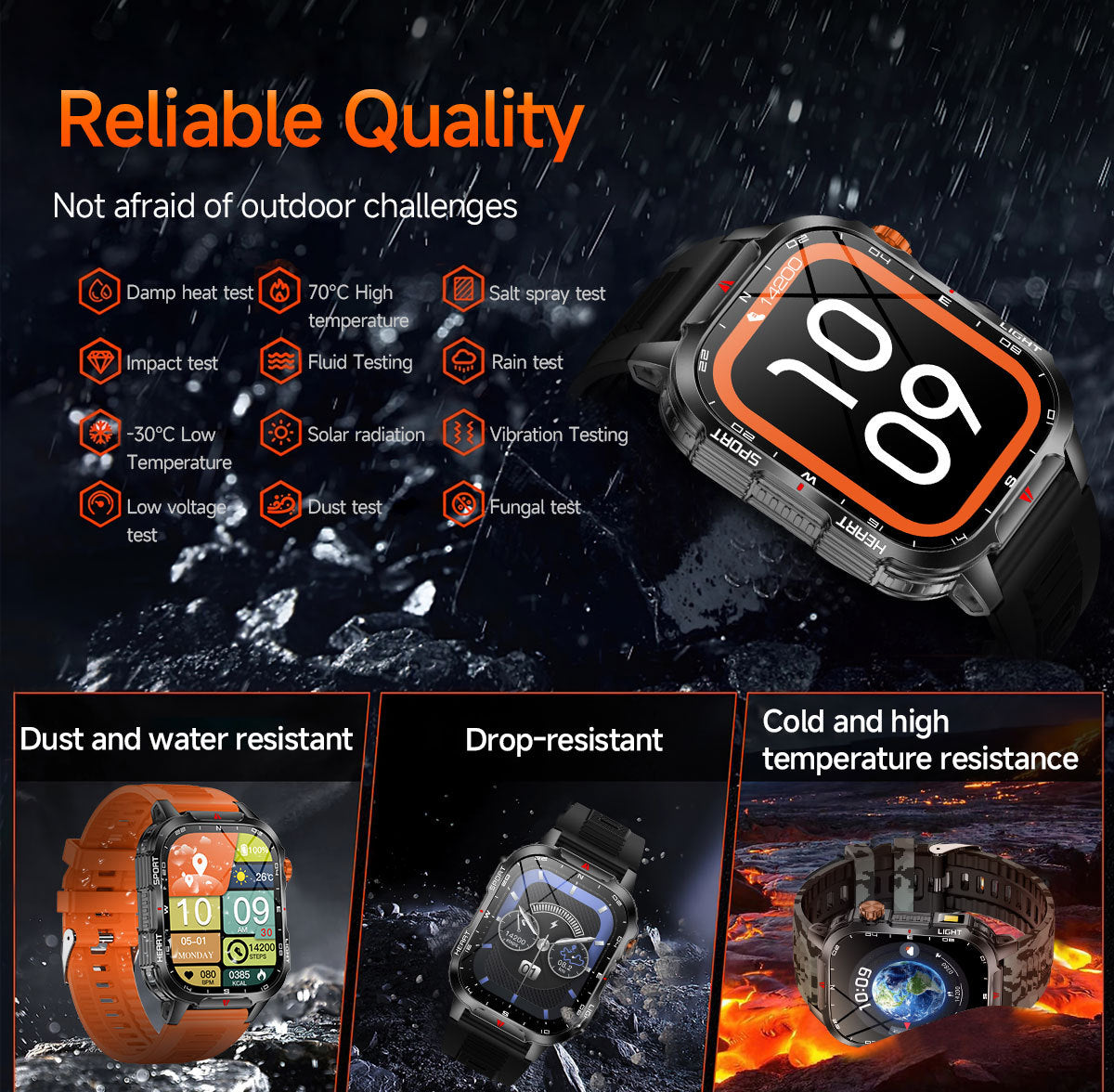 Rugged Outdoor Smart Watch for Men - 1100mAh Extra Long Battery with LED Flashlight & Compass - 2.01" HD Screen Bluetooth Calling IP68 Waterproof Fitness Tracker - Black
